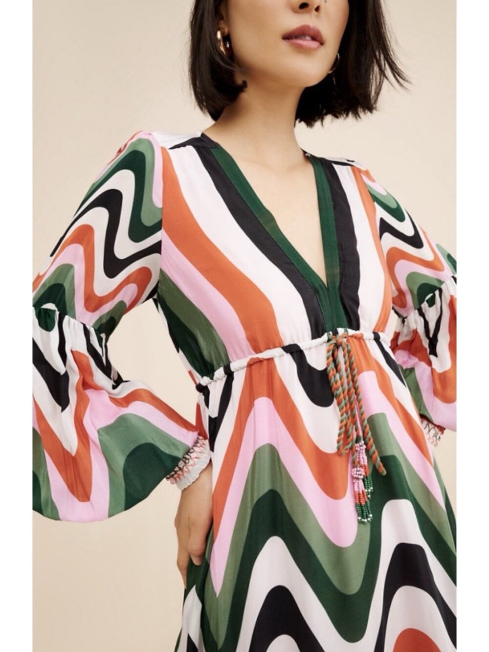 Farm Rio Women’s XS Abstract Wave Print Maxi Dress Long Sleeve Boho NWOT - Picture 2 of 16